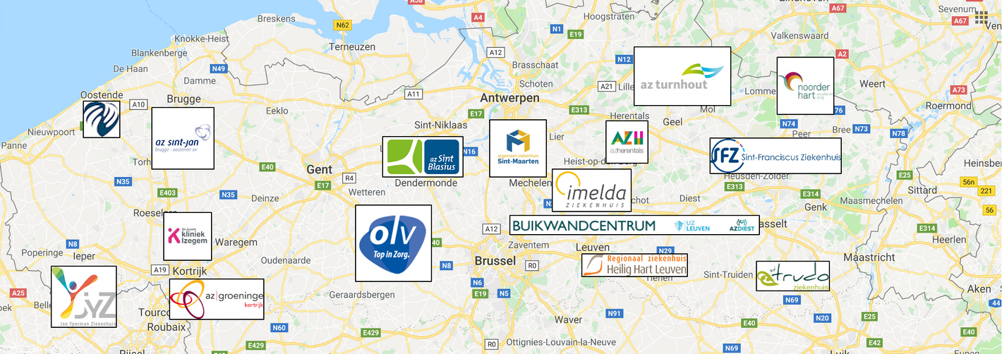 Deelnemende FLIPR-ziekenhuizen in Vlaanderen.