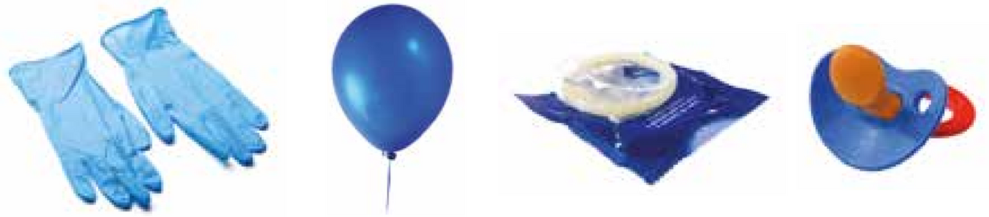 Rubberen handschoenen, ballon, condoom en fopspeen uit latex